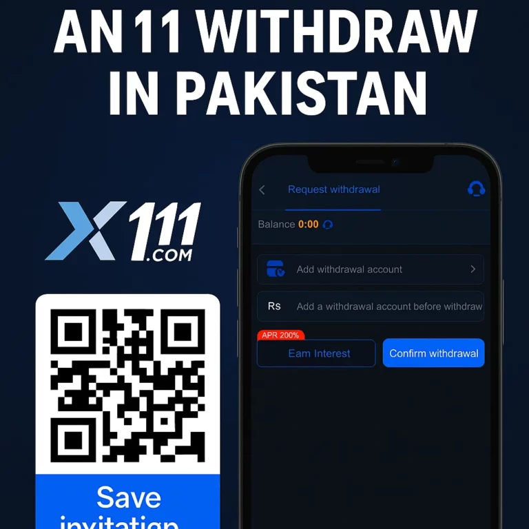 Featured image showing the X111.com withdrawal screen on a smartphone with QR code and instructions for withdrawing money in Pakistan