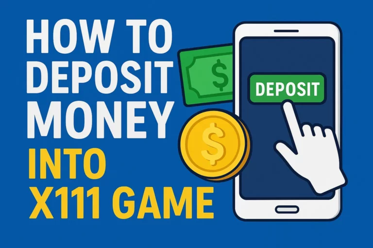 Illustration of a smartphone showing a deposit button with cash and coins, representing how to deposit money into the X111 game