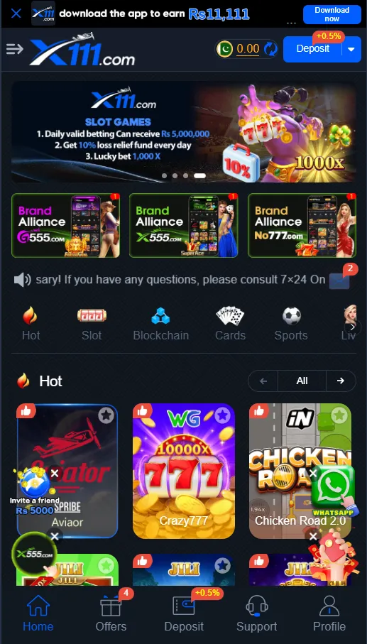 x111 game showing different games and other options