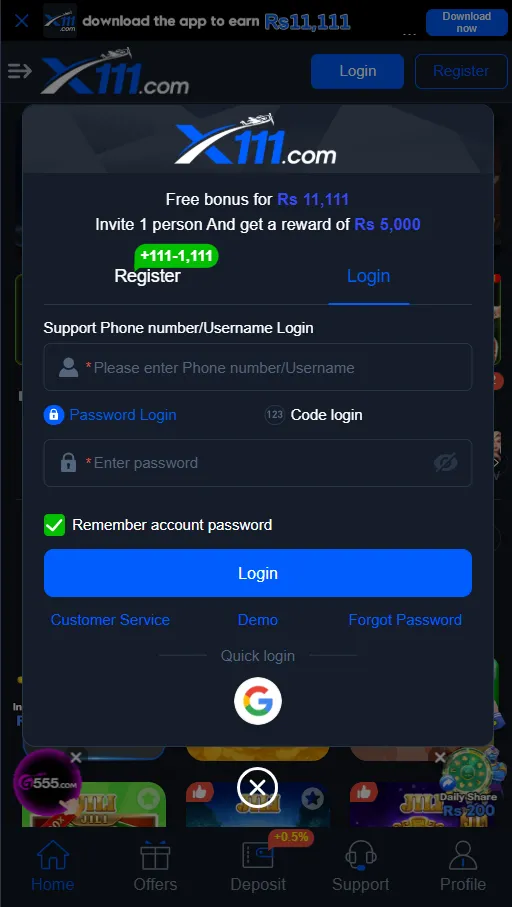 x111 login with your phone number and password